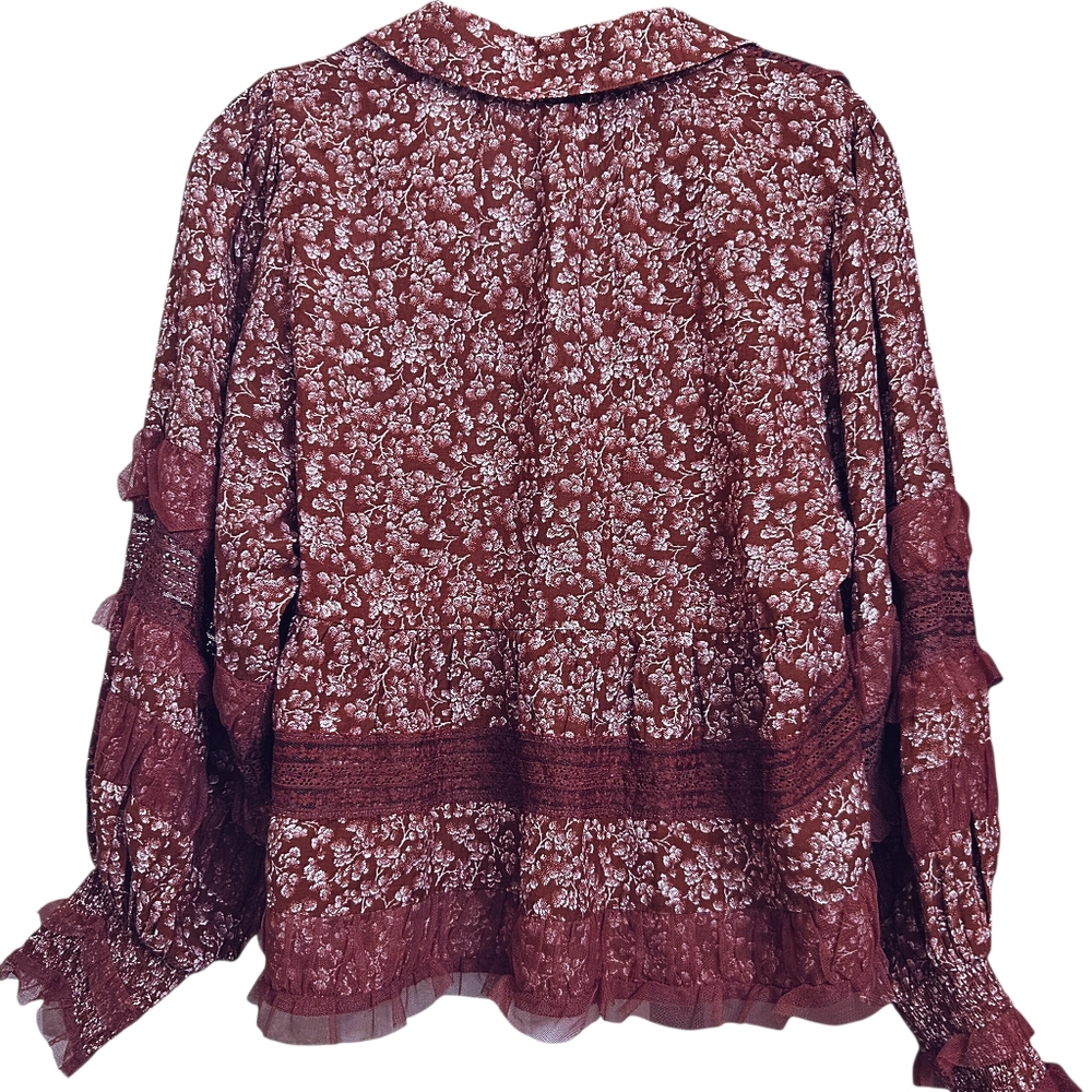 By Anthropologie Ruffled V Neck Floral Popover Blouse Lace Trim Size XS - Picture 6 of 8
